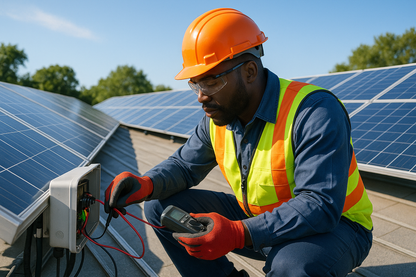 Un homme noir entretenant le système d'électricité solaire